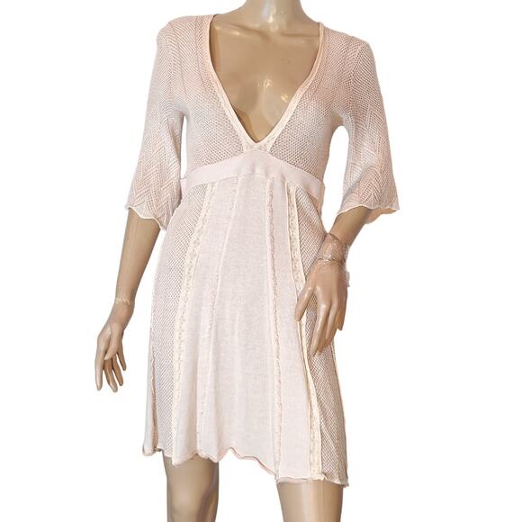 Boho Light Pink Knit Dress Small Deep V Back Tie Bell Sleeve Fit & Flare - Picture 1 of 4